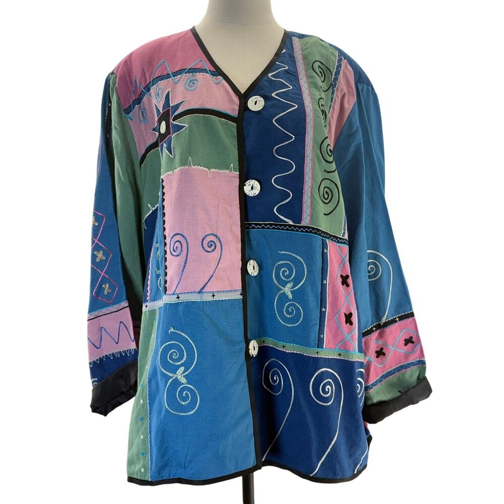 Vintage 90s Indigo Moon Patchwork Jacket 2X Art to Wear Linen Cotton Rayon